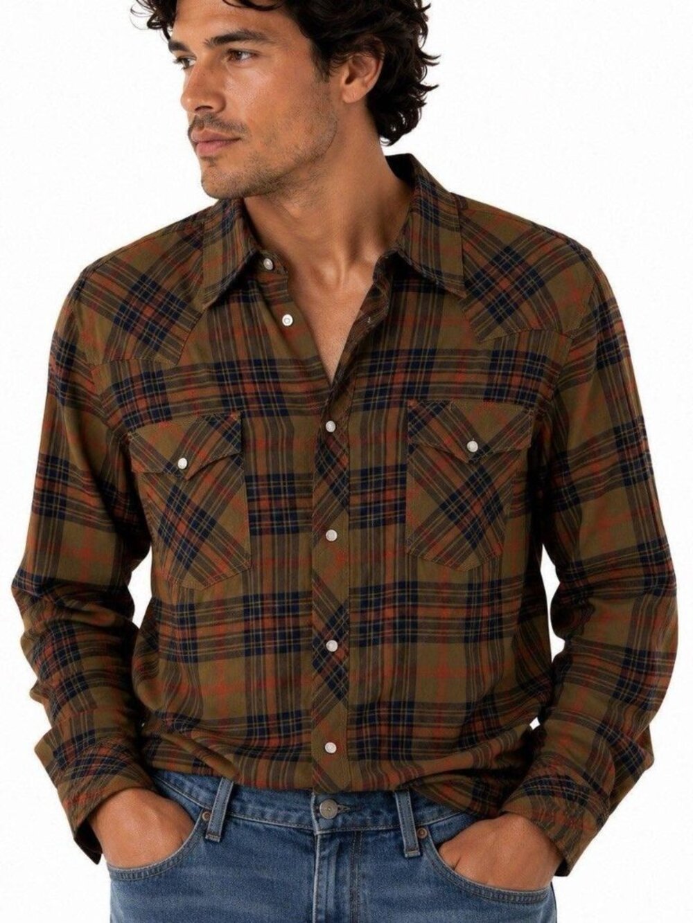 Tecovas Men's Brushed Cotton Pearl Snap Shirt - Olive Navy Plaid Size XL